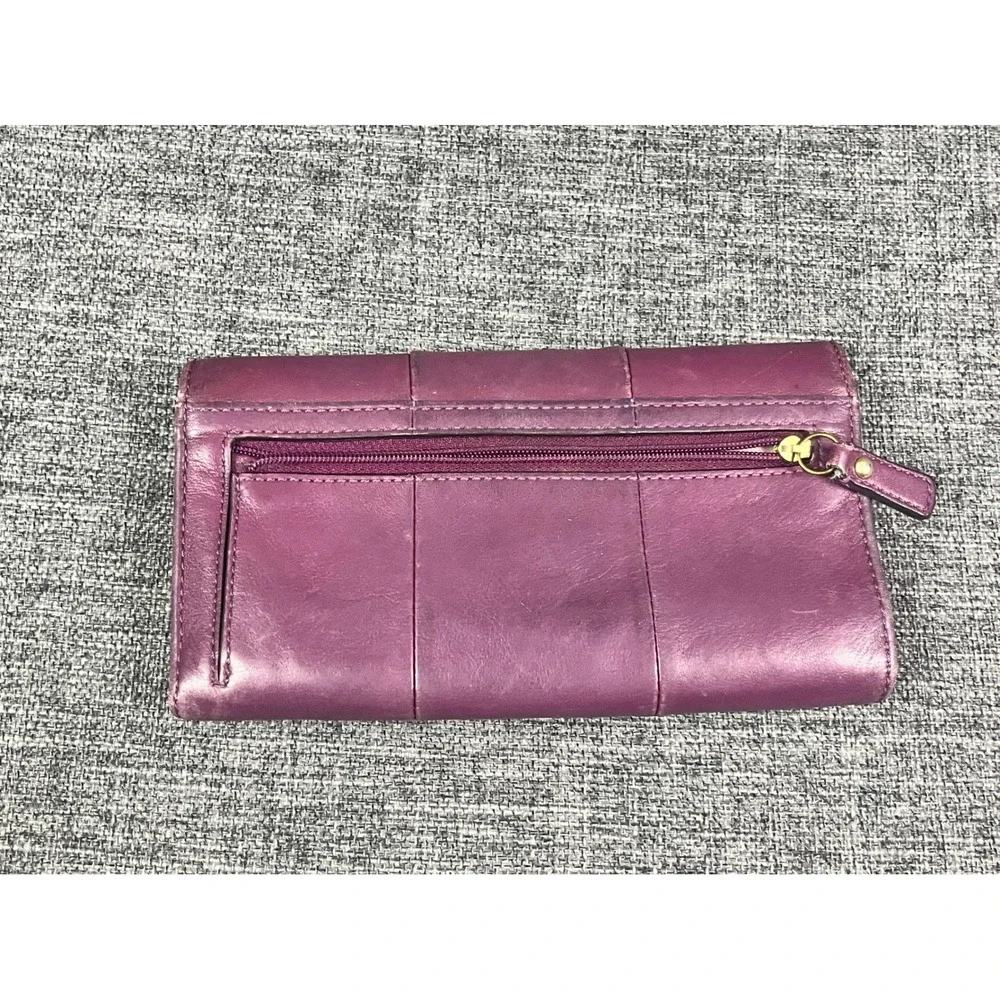 Coach Purple Leather Trifold Wallet Gold Push Lock Flap Long Organizer Wallet
